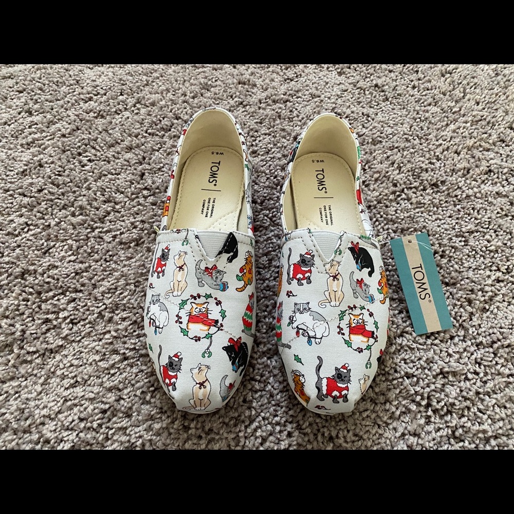 TOMS Women’s Belmont Holiday Cats Print Ortholite Light Blue Flats Shoe size 9.5